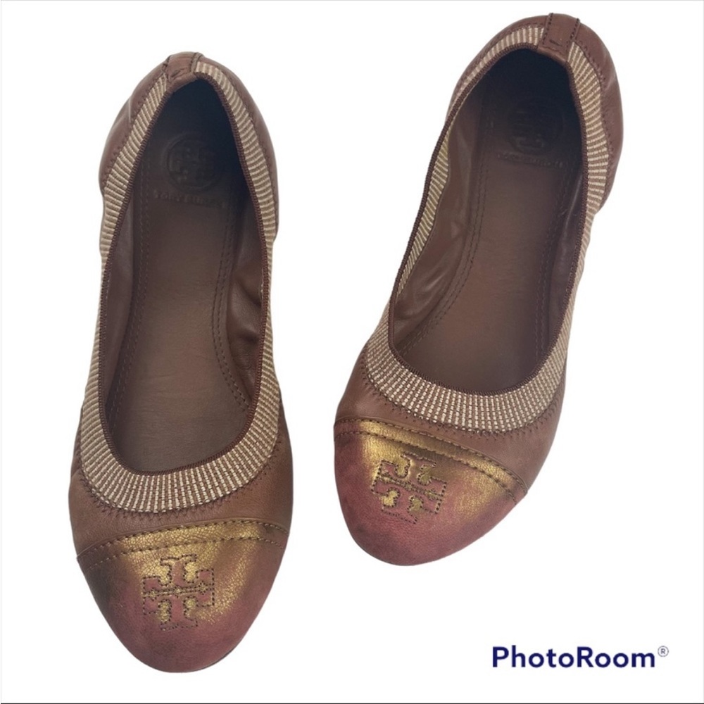 TORY BURCH Brown Leather Scrunch Ballet Flats Size 7.5